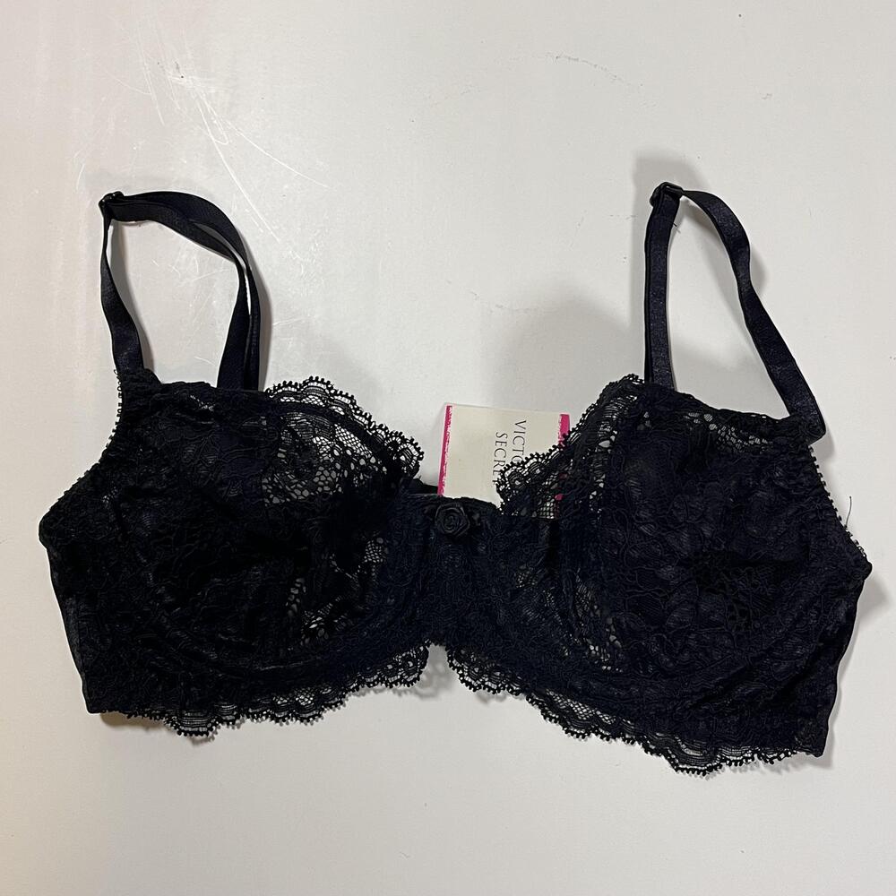 Victorias Secret Bra Womens 34B Black Lace Underwire Unlined 90s y2k Open Heart